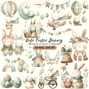 Clipart simpatico coniglietto di Pasqua, clipart Boho Bunny, acquerello pastello, coniglietti primaverili, coniglietto Baby Shower, cestino di Pasqua PNG, uso commerciale
