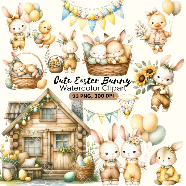 Easter Watercolor Clipart, Boho Bunny Clipart, Pastel Watercolor, Spring Bunnies, Bunny Baby Shower, Easter Basket PNG, Commercial Use.