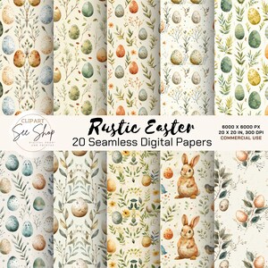 May include: 20 digital papers featuring a rustic Easter theme. The papers feature watercolor illustrations of eggs, leaves, flowers, and bunnies on a cream background. The papers are 6000 x 6000 pixels, 20 x 20 inches, and 300 DPI. They are for commercial use.