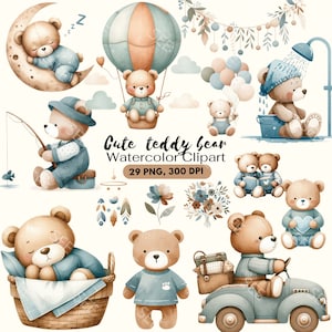 Blauwe teddybeer clipart aquarel clipart, teddybeer clipart, Bear BluePastel, baby shower, Bear baby PNG, jongen verjaardag clipart.Boho beren