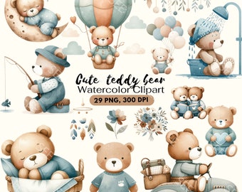 Blue Teddy Bear Clipart Watercolor Clipart, Teddy Bear Clipart, Bear BluePastel, Baby Shower, Bear Baby PNG, Boy Birthday Clipart.Boho Bears