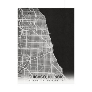 Cartel impreso de mapas de Chicago Illinois / Mapa de Chicago Illinois impreso en color minimalista y monocromático