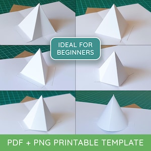May include: A white paper pop-up pyramid and cone template featuring multiple geometric shapes on a flat surface. The image includes the text IDEAL FOR BEGINNERS and PDF + PNG PRINTABLE TEMPLATE, showcasing various angles of the folded paper structures.