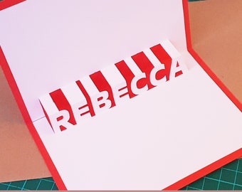 Rebecca naam afdrukbaar pop-up kaartontwerp - DIY Kirigami-sjabloon als digitale download