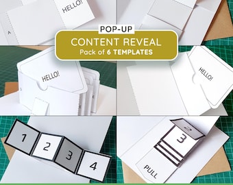 May include: A collection of six white paper pop-up templates featuring various interactive designs. The templates include elements labeled with the text HELLO, numbers 1 through 4, and a tab marked PULL, showcasing different folding and reveal mechanisms.