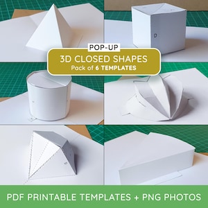 Könnte beinhalten: Eine Sammlung von sechs weißen 3D-Papierformen, darunter eine Pyramide, ein Würfel, ein Zylinder und andere Polyeder. Das Bild enthält den Text POP-UP 3D CLOSED SHAPES Pack of 6 TEMPLATES und PDF PRINTABLE TEMPLATES + PNG PHOTOS.