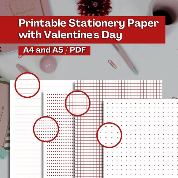Printable Stationery Paper with Valentine's Day, Lined Note Pages, Half Letter A4 A5, Graph Paper, Digital Planner Templates, Download, PDF