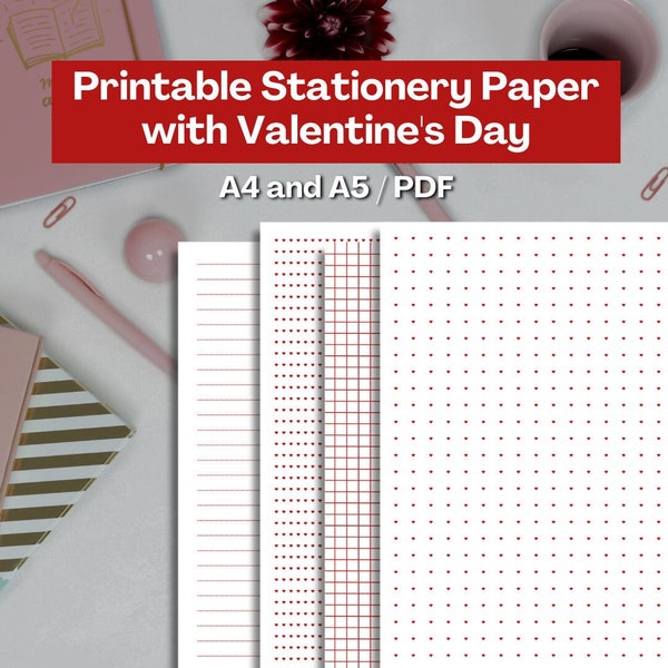 Printable Stationery Paper with Valentine's Day, Lined Note Pages, Half Letter A4 A5, Graph Paper, Digital Planner Templates, Download, PDF