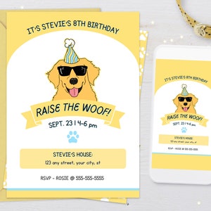 Golden Retriever in a Fun Birthday Party Hat Invite - Yellow and Blue - &#39;Raise the Woof&#39; - Editable Canva Template