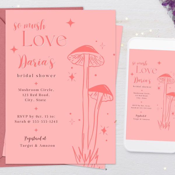 Mushroom and Stars Wedding Shower Invite - 'So Mush Love' - Whimsy Pink Bridal - Editable Canva Template