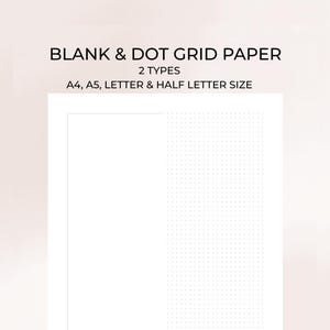 Könnte beinhalten: Weißes leeres und gepunktetes Rasterpapier mit dem Text "BLANK & DOT GRID PAPER" und "2 TYPES". Erhältlich in den Größen A4, A5, Letter und Half Letter. Der Etsy-Shop-Name "MADE BY CHERRYBLOOMINK ON ETSY" ist ebenfalls sichtbar.