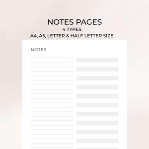 Puede incluir: Páginas de notas imprimibles en blanco con secciones con y sin líneas. El texto en la parte superior dice "NOTES PAGES, 4 TYPES, A4, A5, LETTER & HALF LETTER SIZE". La palabra "NOTES" está en la parte superior de la página. El nombre de la tienda Etsy "MADE BY CHERRYBLOOMINK ON ETSY" está en la parte inferior.
