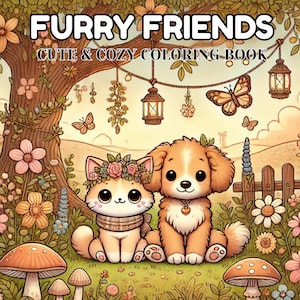 May include: A coloring book cover with the title "Furry Friends" and the subtitle "Cute & Cozy Coloring Book." The illustration features a cat and a dog sitting together in a whimsical garden setting with flowers, mushrooms, and butterflies.