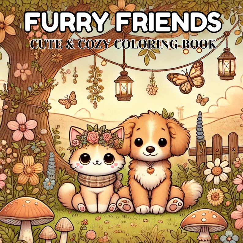 May include: A coloring book cover with the title "Furry Friends" and the subtitle "Cute & Cozy Coloring Book." The illustration features a cat and a dog sitting together in a whimsical garden setting with flowers, mushrooms, and butterflies.