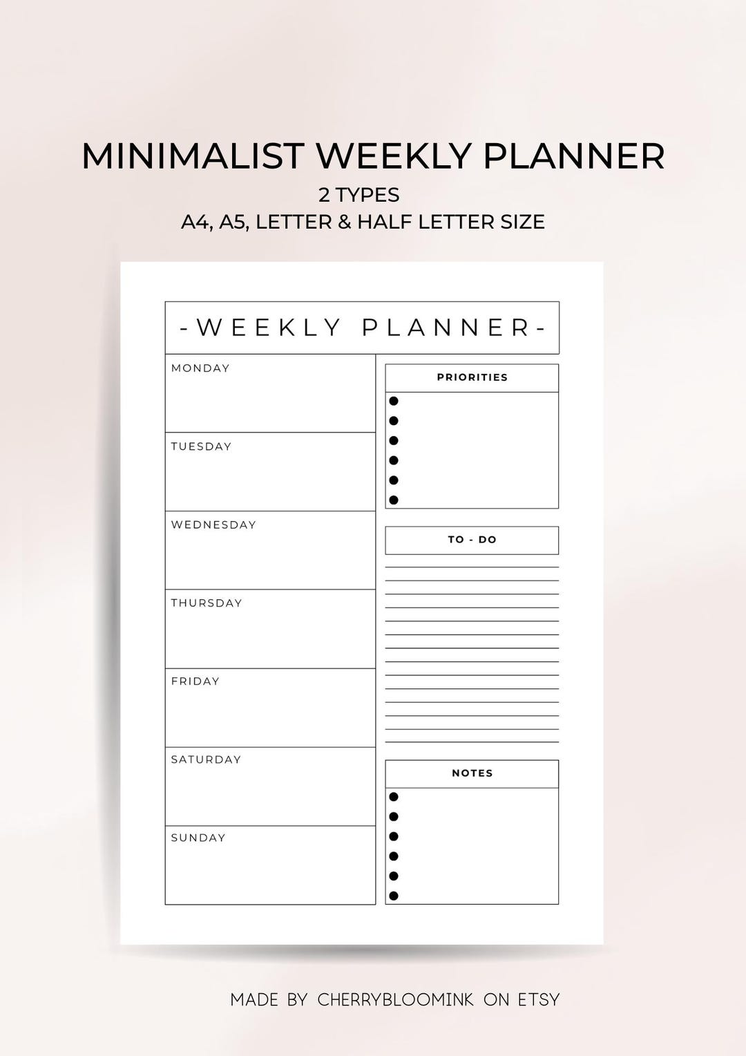 Minimalist Weekly Planner Printable: Sunday & Monday Start (digital ...