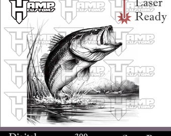May include: A black and white line art illustration of a largemouth bass jumping out of the water. The fish is depicted in a realistic style with detailed scales and fins. The image is set against a background of water and reeds.