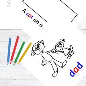 Puede incluir: Una ilustración en blanco y negro de un padre y un niño cogidos de la mano. La palabra "papá" está escrita en letras rojas y azules debajo de la ilustración. La imagen está sobre un fondo blanco.