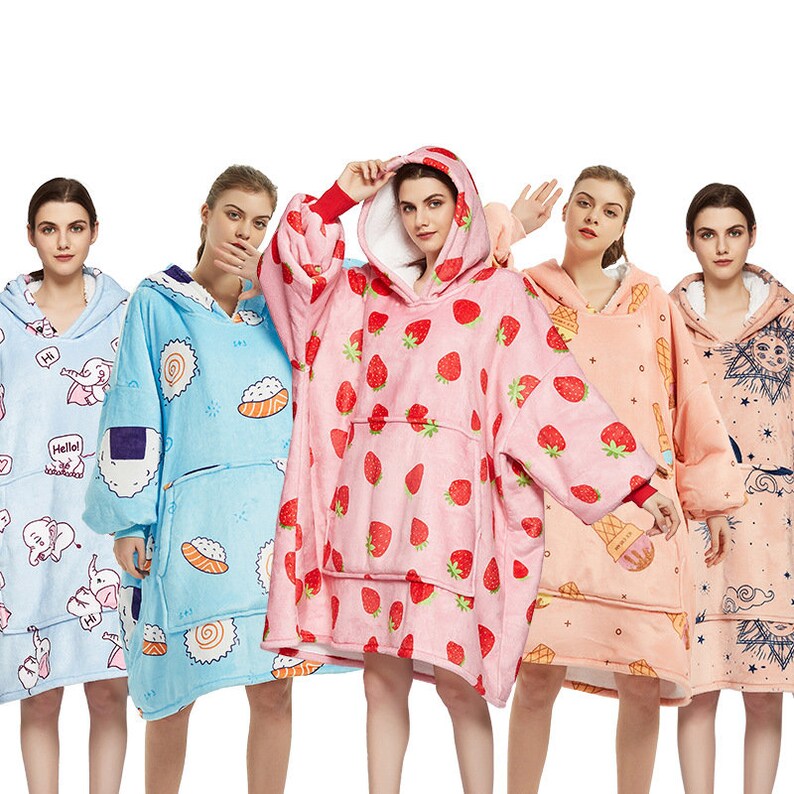 Oversized Wearable Blanket Hoodie Winter Cute Fleece Sleepwear Warm Cozy Loungewear Blanket With