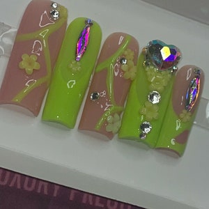 Neon Green French Tip Bling Nails| Bling Spring Nails| Exotic Nails| Flower Nails| Charm Nails| Luxury press on nails| glue on nails|
