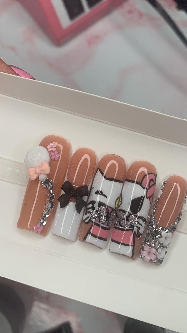 Hello Kitty Nails Bling French Tip Nail Hand Drawn Character Nail Art Luxury Press on Nails Glue