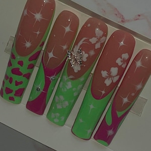 Green glam spring nails | pink and green French tip nails| Spring nails| Nail art| Charm Nails | luxury press on nails| glue on nails|