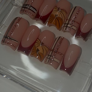 Fall Plaid Nails | Plaid nails| Pumpkin nails| Thanksgiving nails| Maroon nails| Luxury press on nails| Glue on nails| French tip nails|