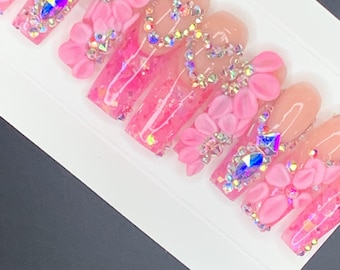 Pink Bling Nails | Flower nails| Luxury press on nails| Glue on nails| French tip nails| Acrylic nails|