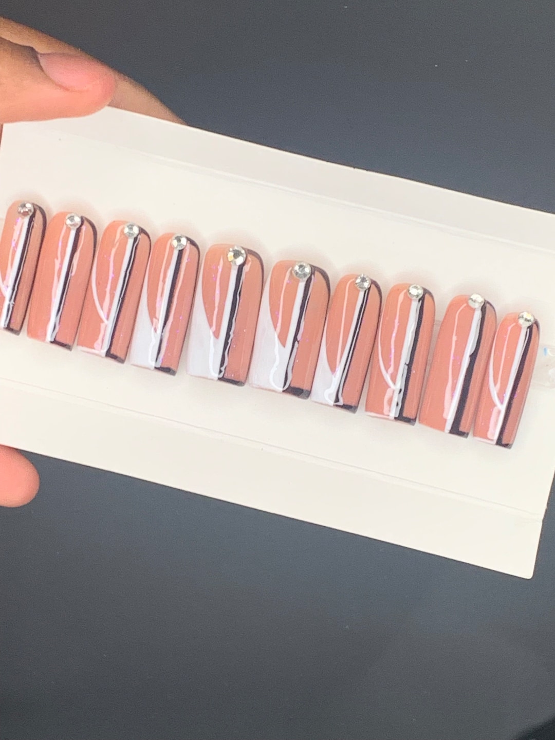 Black and White French Tip Outline Nails Asymmetrical Nails Luxury