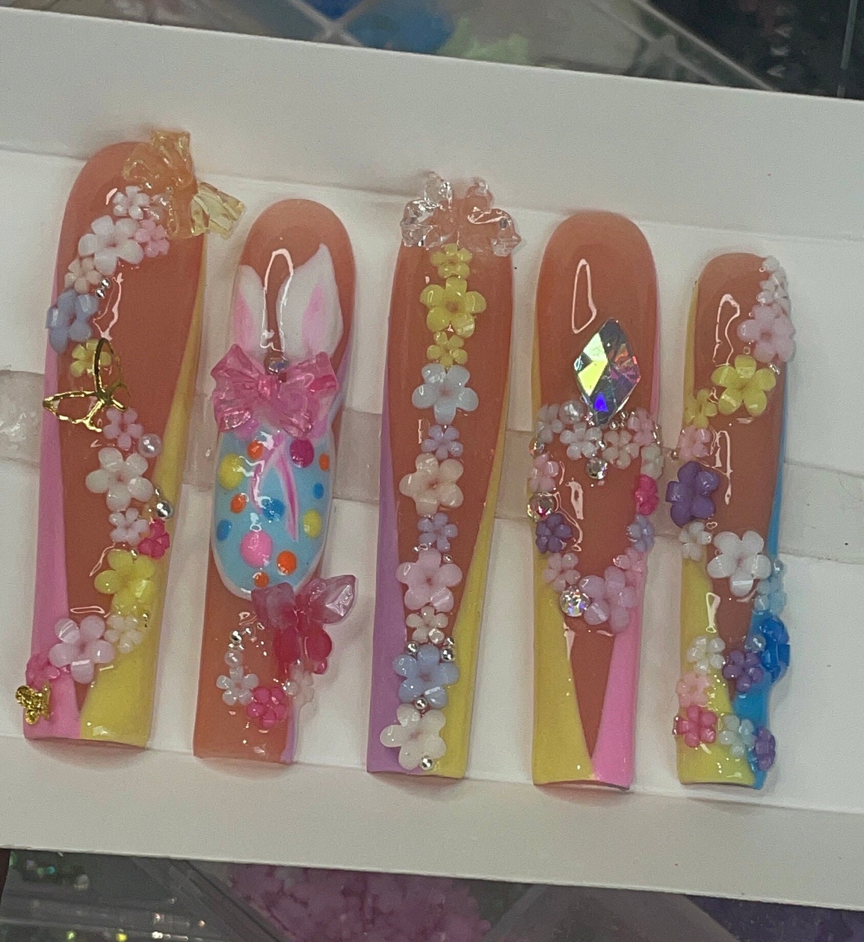Cute Easter/Spring V- French tip nails| Hand-drawn Easter nail art| | Flower charm nails| bling nails| luxury press on nails| glue on nails|