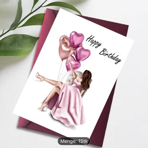 Carte de vœux d'anniversaire élégante avec enveloppe, 1 pièce - Charmante femme illustrée en robe rose avec des ballons en forme de cœur et un design de verre à vin