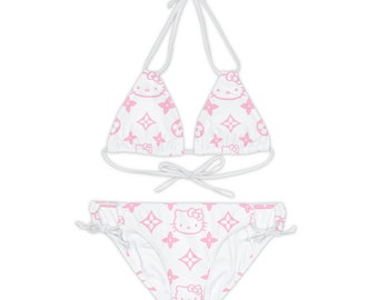 Light Pink Print Kitty 2 Strappy Bikini Set, Cute Swimsuit, Bikini Set, Women's Summer Swimwear, Two Piece Bathing Suit, Women's Swimsuit