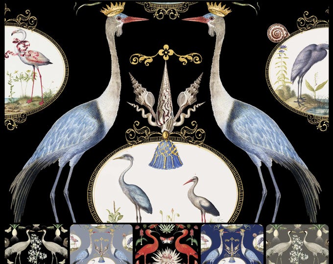 ABUNDANCE COLLECTION WALLPAPER  * 01-116A * Royal Cranes on Black * 12x18 Repeat