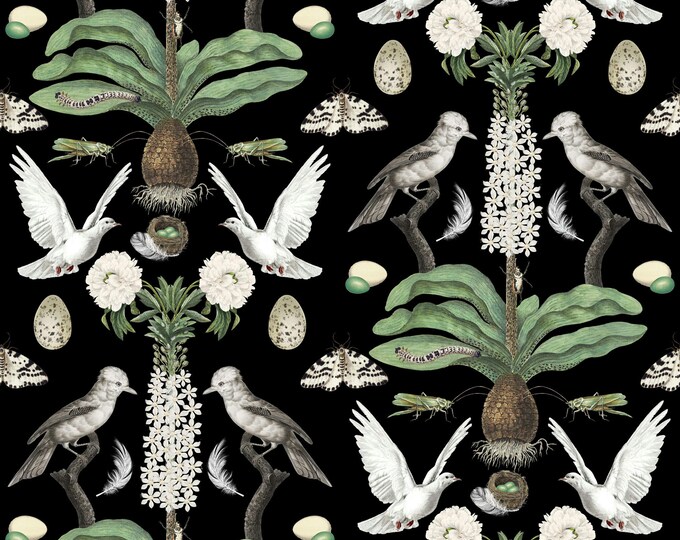 ABUNDANCE COLLECTION WALLPAPER  * White Doves on Black * 12x18 Repeat