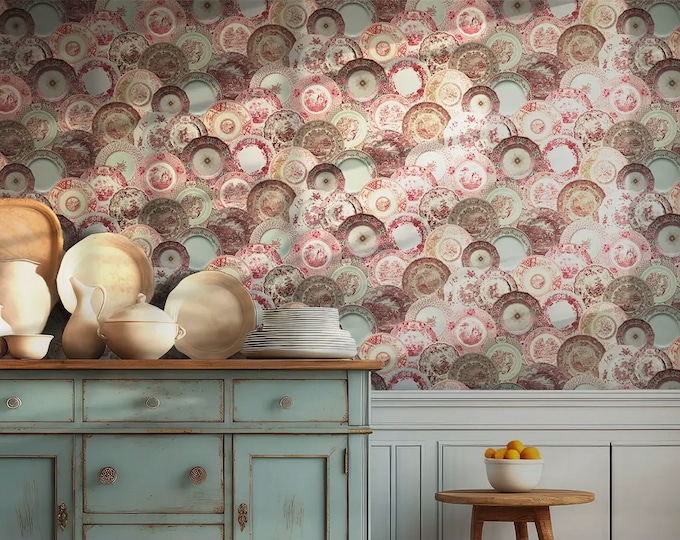 ALL DISHED UP Wallpaper Collection * Antique English Transferware Wallpaper * Pink