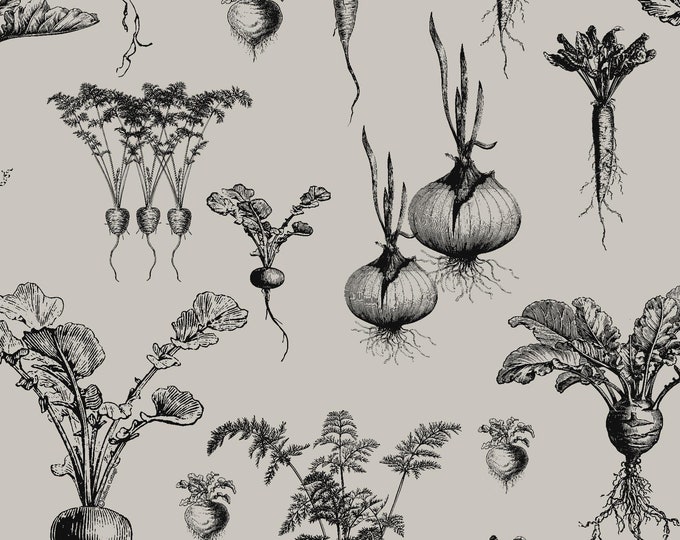 FARMHOUSE COLLECTION WALLPAPER *  Root Vegetables in Black on Putty * 24x24 repeat