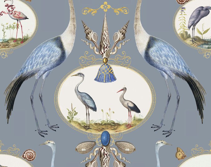 ABUNDANCE COLLECTION WALLPAPER  * Royal Cranes on Light Blue * 12x18 Repeat