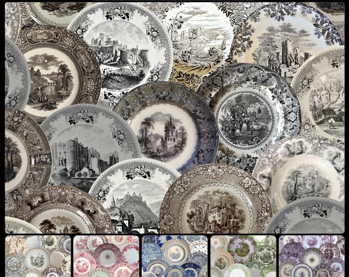 ALL DISHED UP Wallpaper Collection * 07-109 * Antique English Transferware Wallpaper *  Sepia Castles