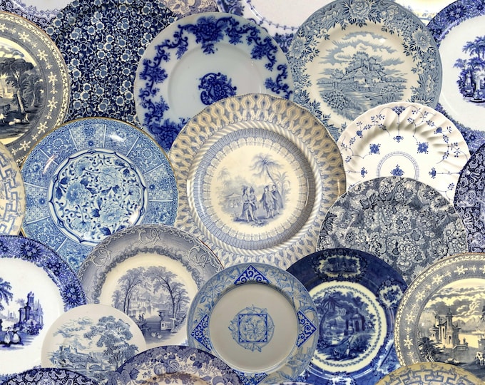 ALL DISHED UP Wallpaper Collection * Antique English Transferware Wallpaper * Blue