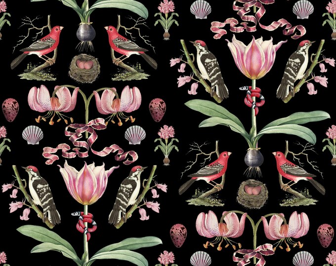 ABUNDANCE COLLECTION WALLPAPER  * Pink Tulip on Black * 12x18 Repeat