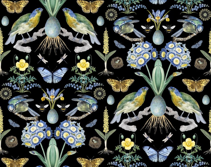 ABUNDANCE COLLECTION WALLPAPER  * Blue & Yellow on Black * 12x12 or 24x24 repeat style *