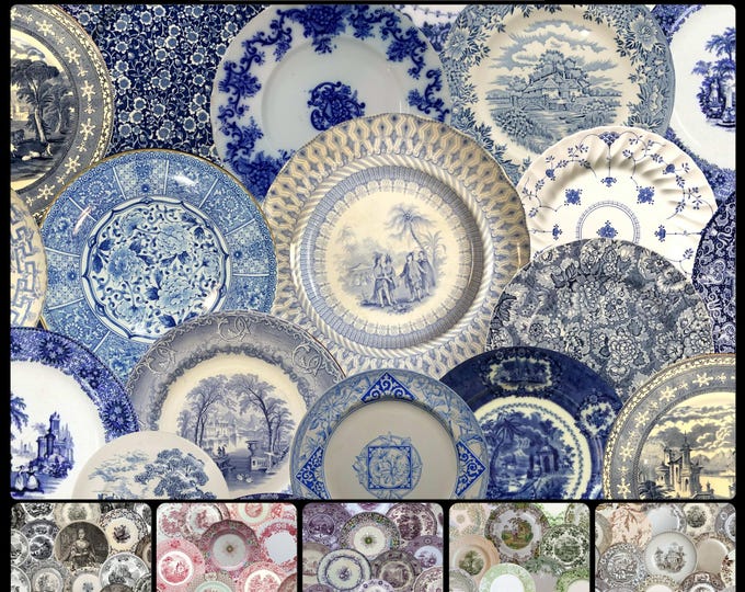 ALL DISHED UP Wallpaper Collection * 07-101 * Antique English Transferware Wallpaper * Blue