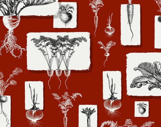 FARMHOUSE COLLECTION WALLPAPER *  Root Vegetables on Paper Scraps in Red * 24x24 repeat