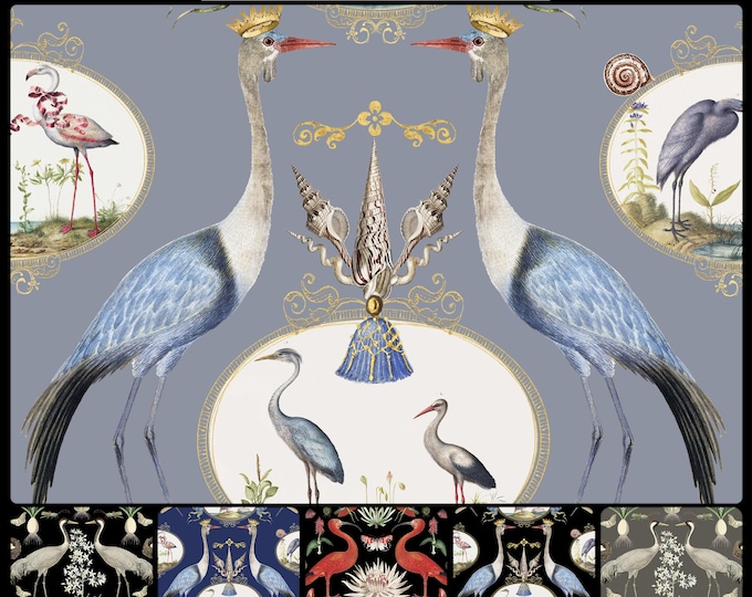 ABUNDANCE COLLECTION WALLPAPER  * 01-116B * Royal Cranes on Light Blue * 12x18 Repeat