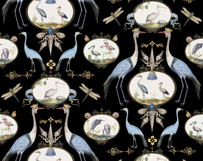 ABUNDANCE COLLECTION WALLPAPER  * 01-116A * Royal Cranes on Black * 12x18 Repeat