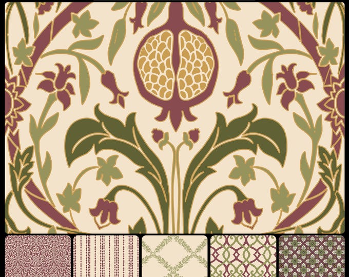 FOLKSIE COLLECTION *  18-120 * QUEENS Pomegranate  * 24x34 repeat * Country *  Wallpaper * Fabrics * Folk Art * Farmhouse * Cottage *