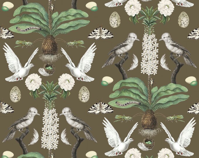 ABUNDANCE COLLECTION WALLPAPER  * White Doves on Tobacco * 12x18 Repeat