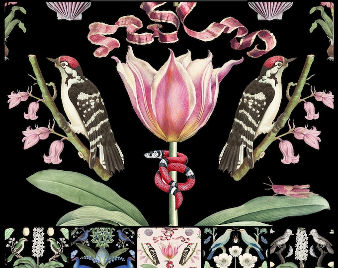 ABUNDANCE COLLECTION WALLPAPER  * 01-104A * Pink Tulip on Black * 12x18 Repeat