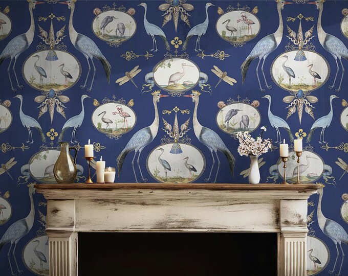 ABUNDANCE COLLECTION WALLPAPER  * Royal Cranes on Royal Blue * 12x18 Repeat