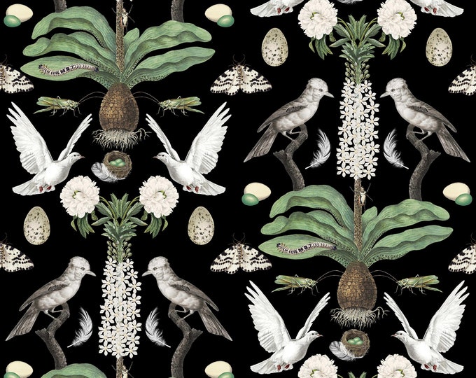 ABUNDANCE COLLECTION WALLPAPER  * Green & White on Black * 12x12 or 24x24 repeat style *