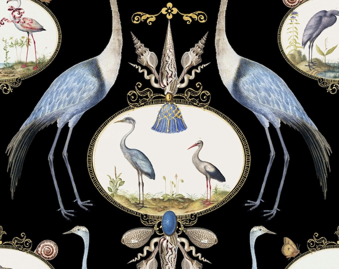 ABUNDANCE COLLECTION WALLPAPER  * Royal Cranes on Black * 12x18 Repeat